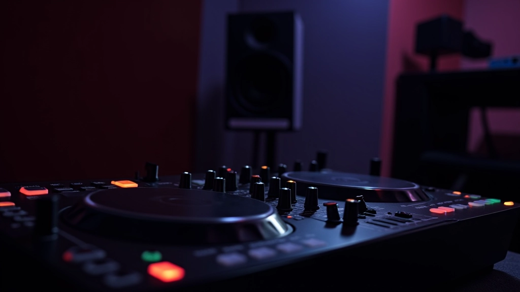 Close-up of professional DJ equipment and sound system in a dance studio