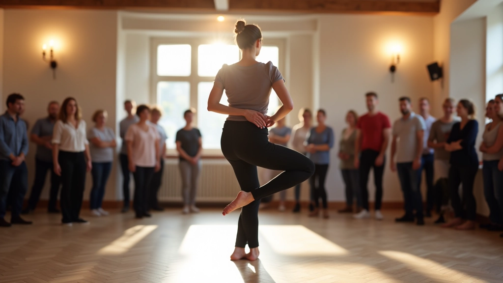 Dance instructor teaching footwork fundamentals to a group of mature adult students
