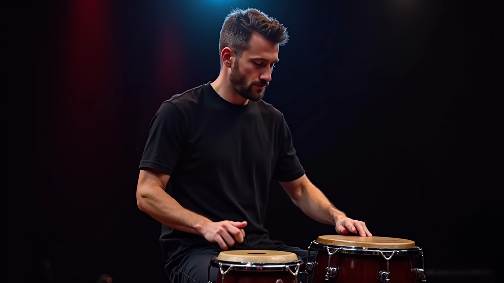 Close-up of percussionist playing congas and drums in a professional salsa band, showing hand positioning and rhythm