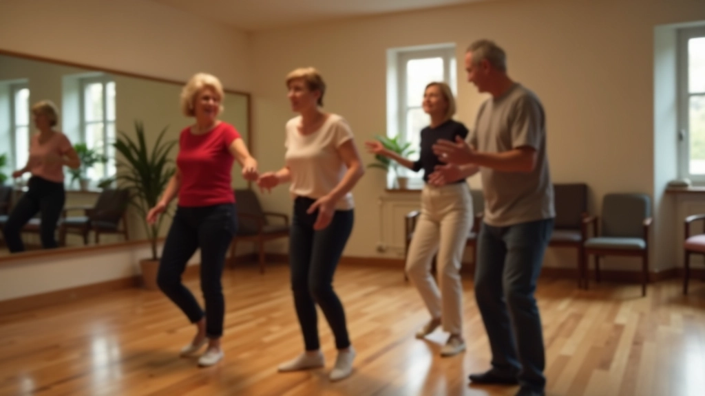 Mature adults learning basic bachata steps with attentive instructor