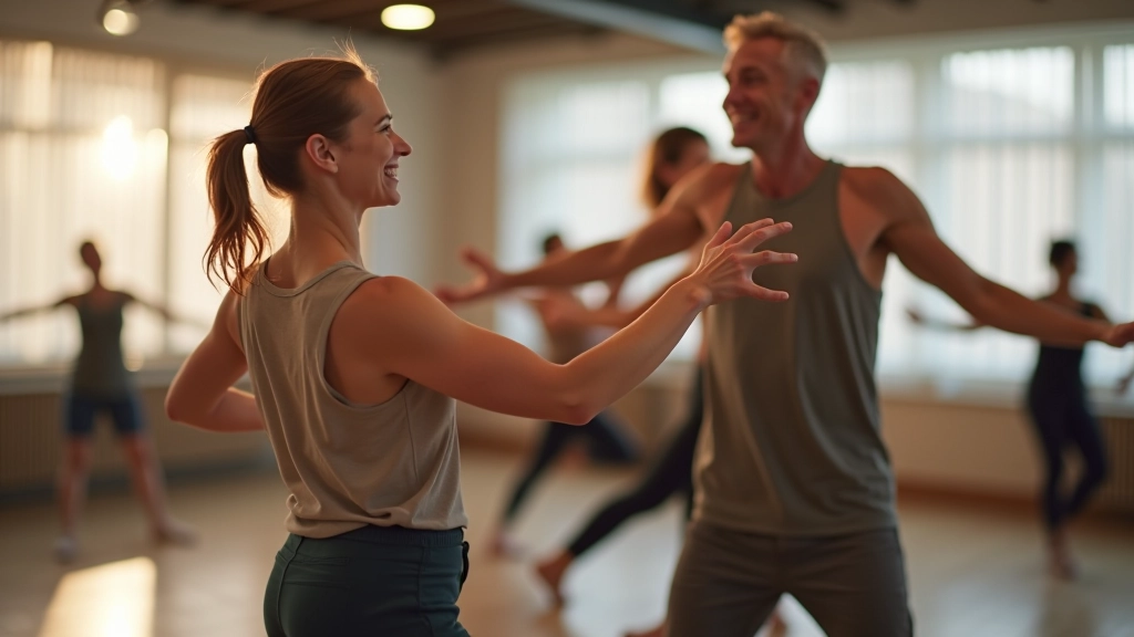 Mature adults enjoying bachata dance lesson together in a modern studio setting