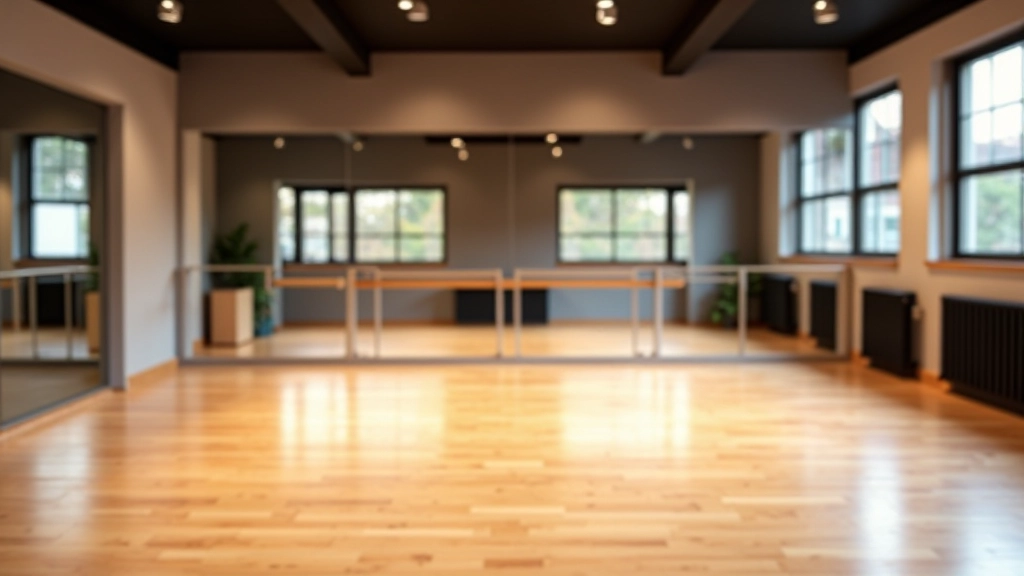 Modern dance studio with wooden floor, mirrors, and professional lighting